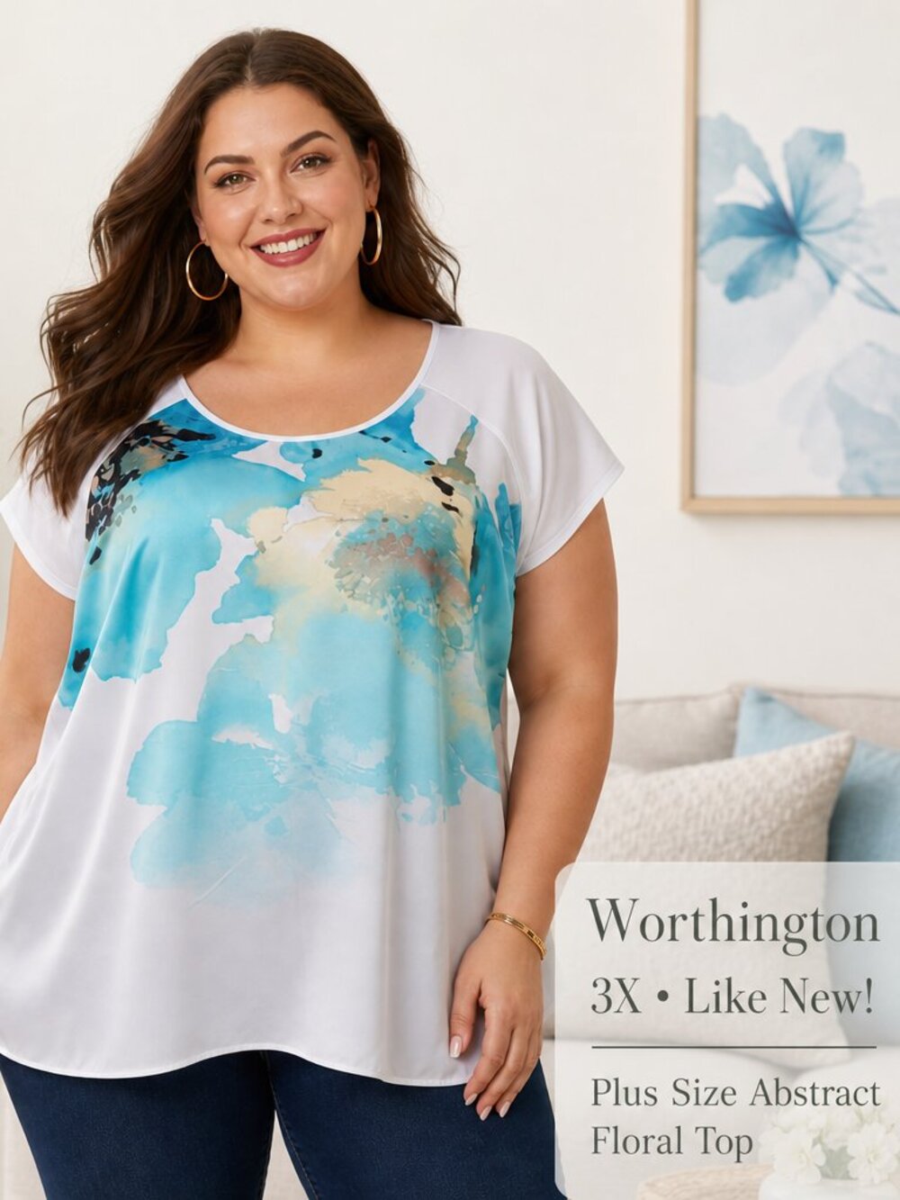 Worthington Woman Abstract Floral Blouse 3X – Cap Sleeve, Lightweight